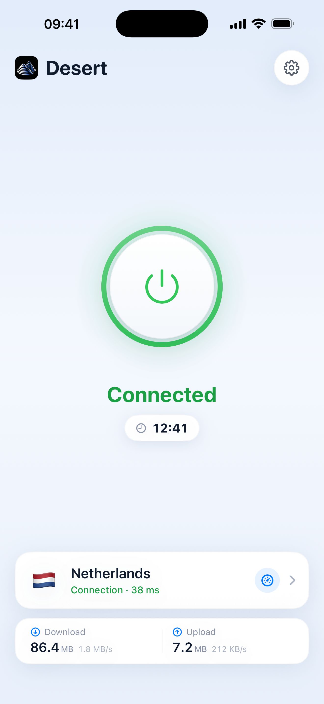 Desert Connect main screen: connected, Netherlands